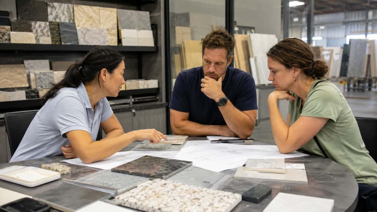 International buyer discussing stone supplier evaluation with samples and project documents