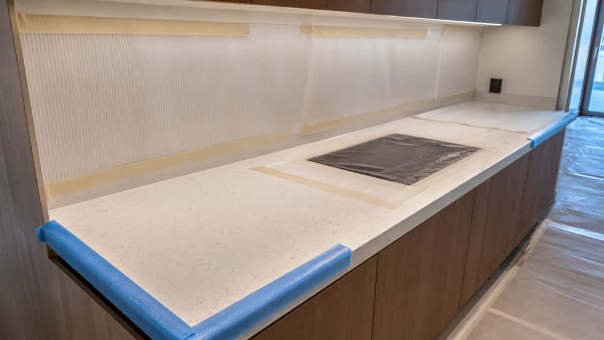 Protected stone countertop before hotel or apartment project handover