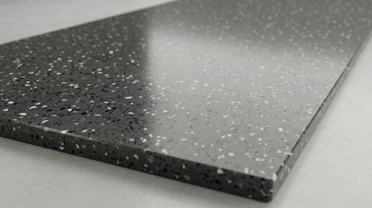 charcoal-chip-grey-artificial-marble-edge-detail Edge detail of charcoal chip grey artificial marble slab
