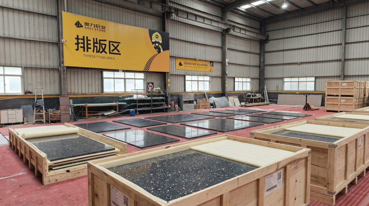 charcoal-chip-grey-artificial-marble-export-packing Export packing of charcoal chip grey artificial marble slabs