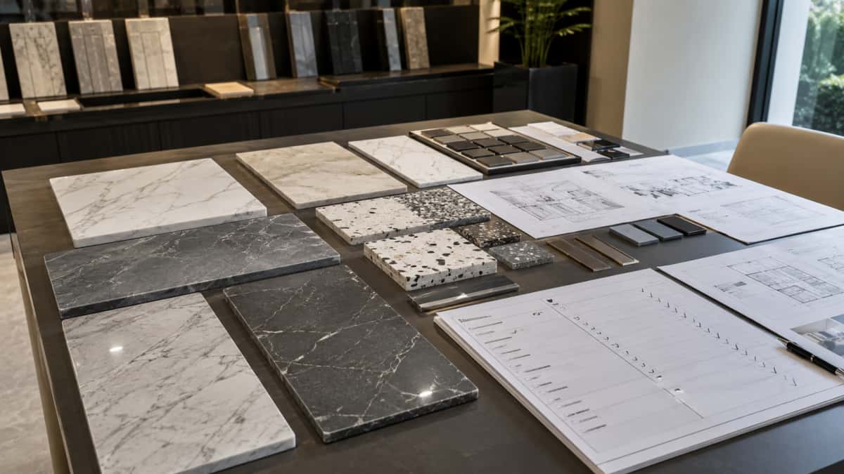 Stone material selection table with marble quartz artificial marble and terrazzo samples