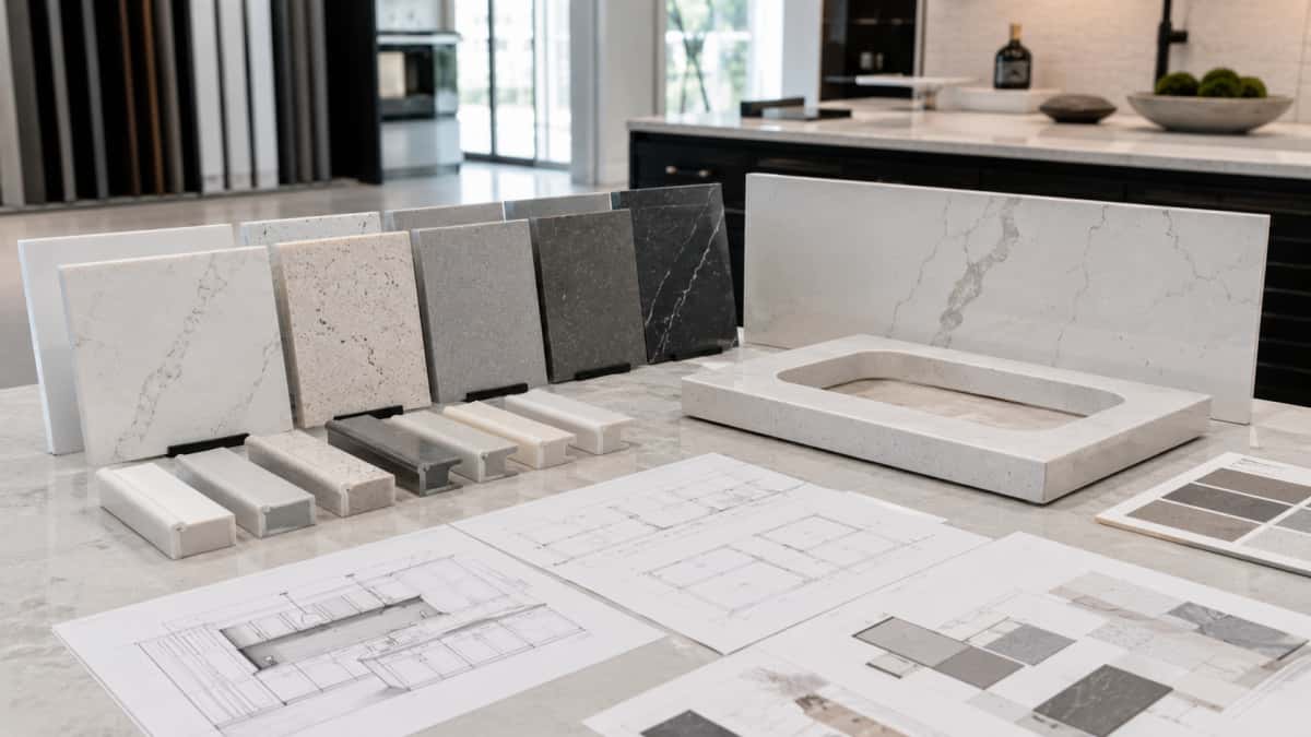 Quartz stone samples reviewed for countertops and vanity tops