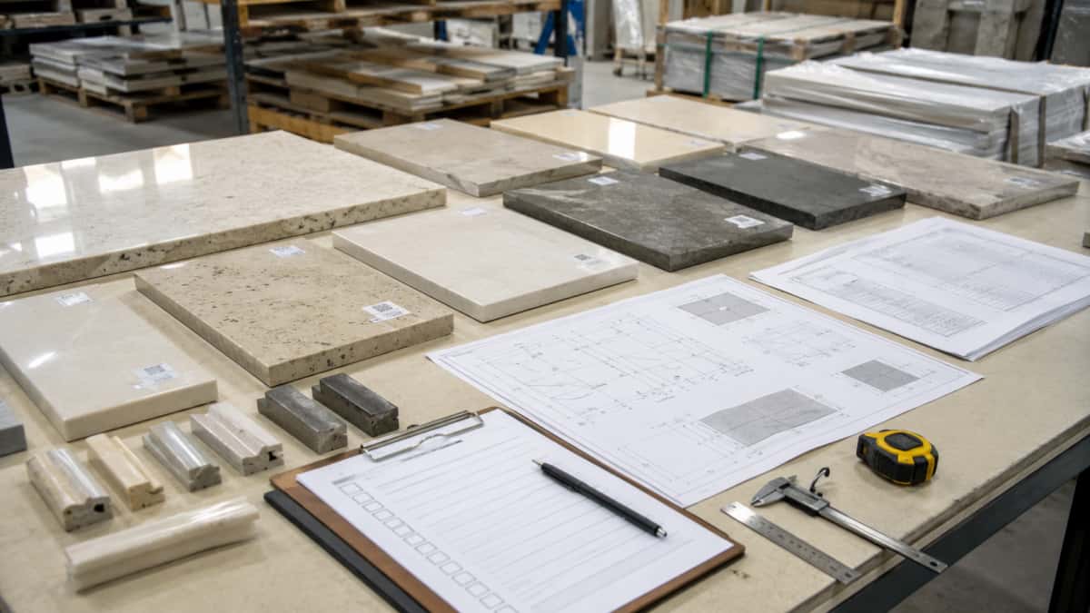 Cut-to-size stone project pieces with labels drawings and packing plan