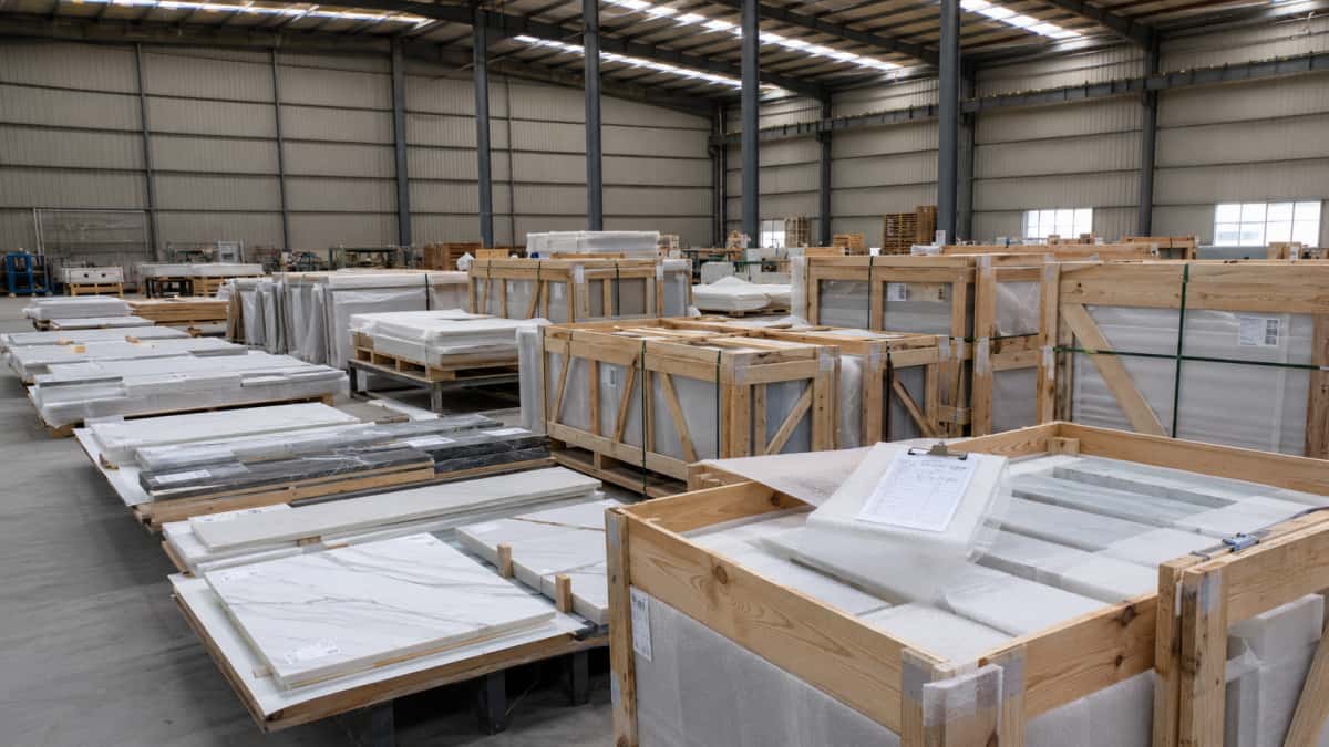 Stone export packing for cut-to-size pieces with labels and edge protection