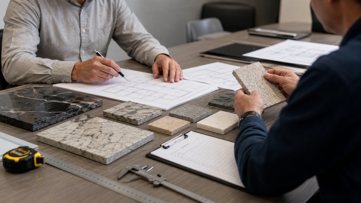 Project buyer reviewing slab and cut-to-size stone options before ordering