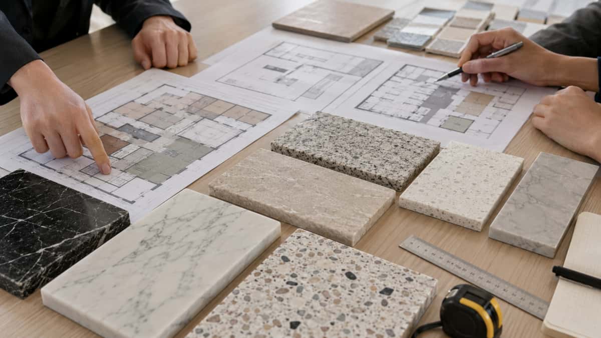 Stone samples and architectural drawings used for project area material planning