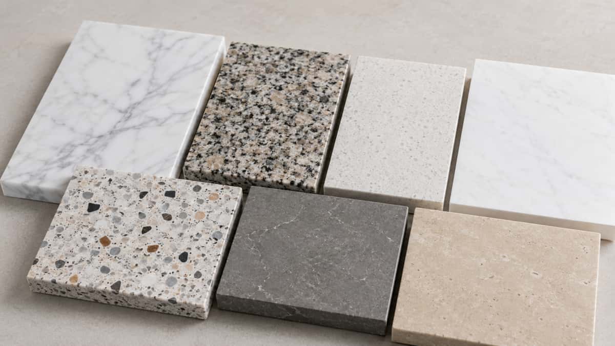 Comparison of natural marble granite quartz artificial marble terrazzo sintered stone and limestone samples