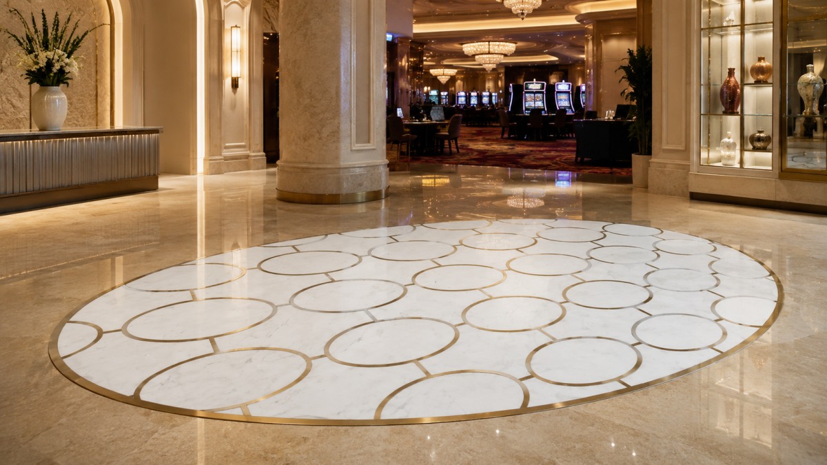 Show white marble base, subtle grey veining, and brass inlay Show white marble base, subtle grey veining, and brass inlay