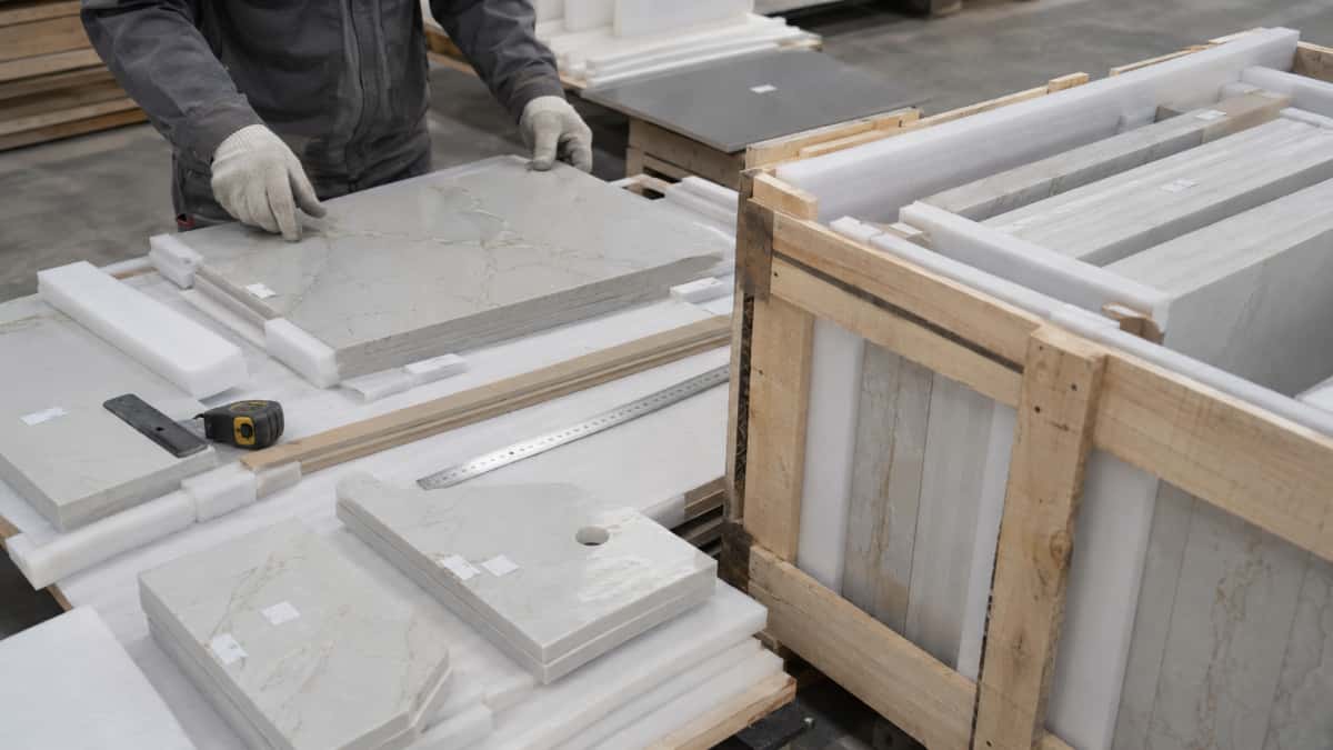 Cut-to-size stone pieces numbered and packed by project area for export shipment