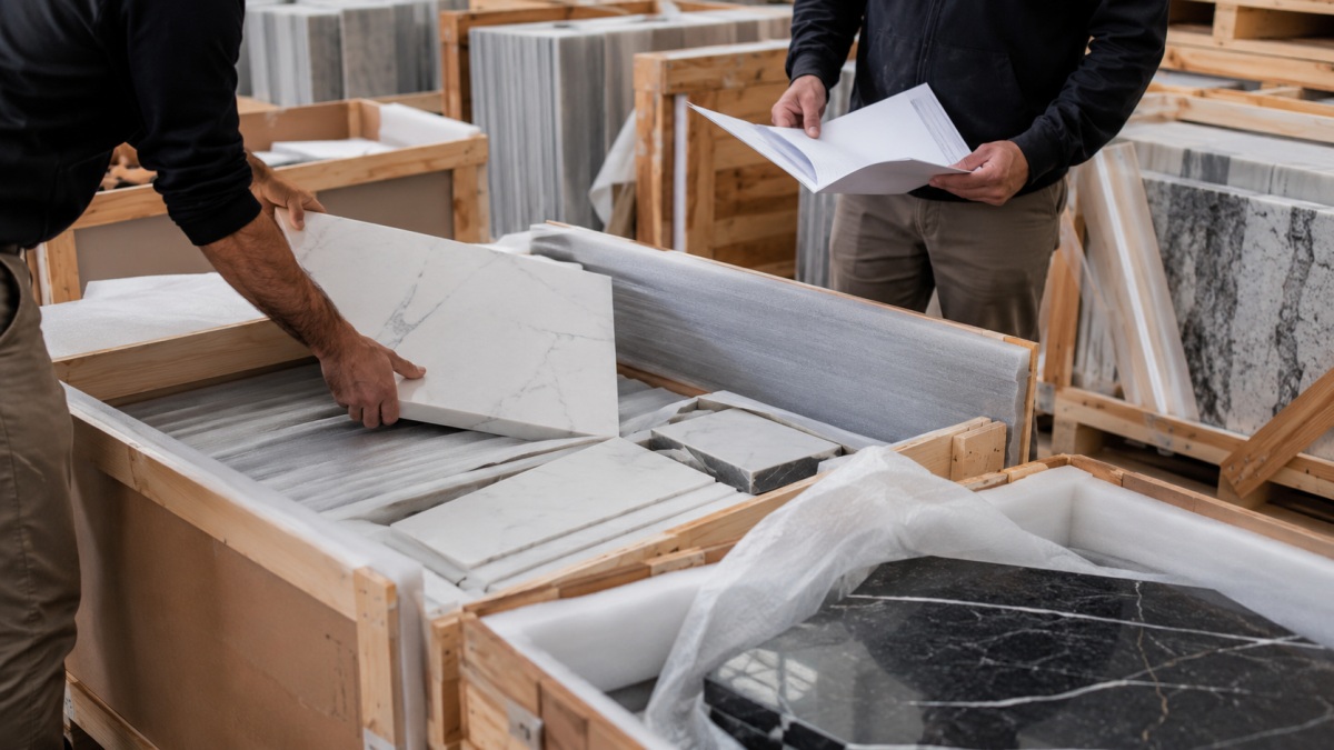 Stone materials being checked after arrival before installation