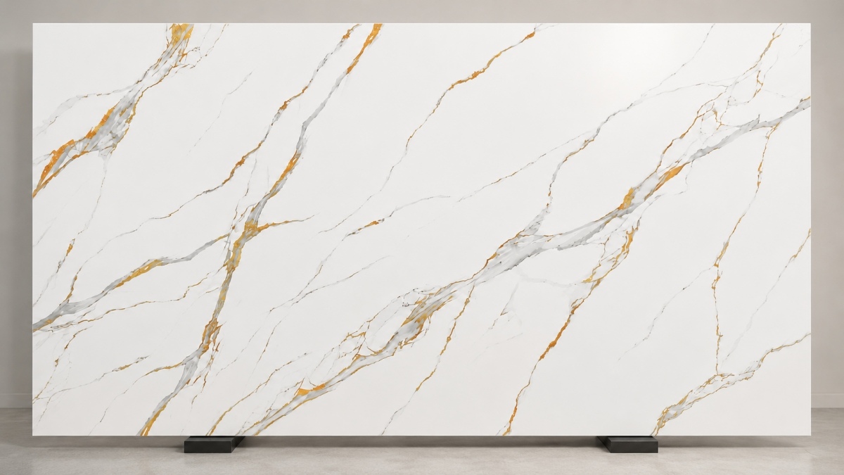 calacatta-gold-inkjet-printed-artificial-stone-slab Calacatta Gold inkjet printed artificial stone slab with white base and grey gold veins