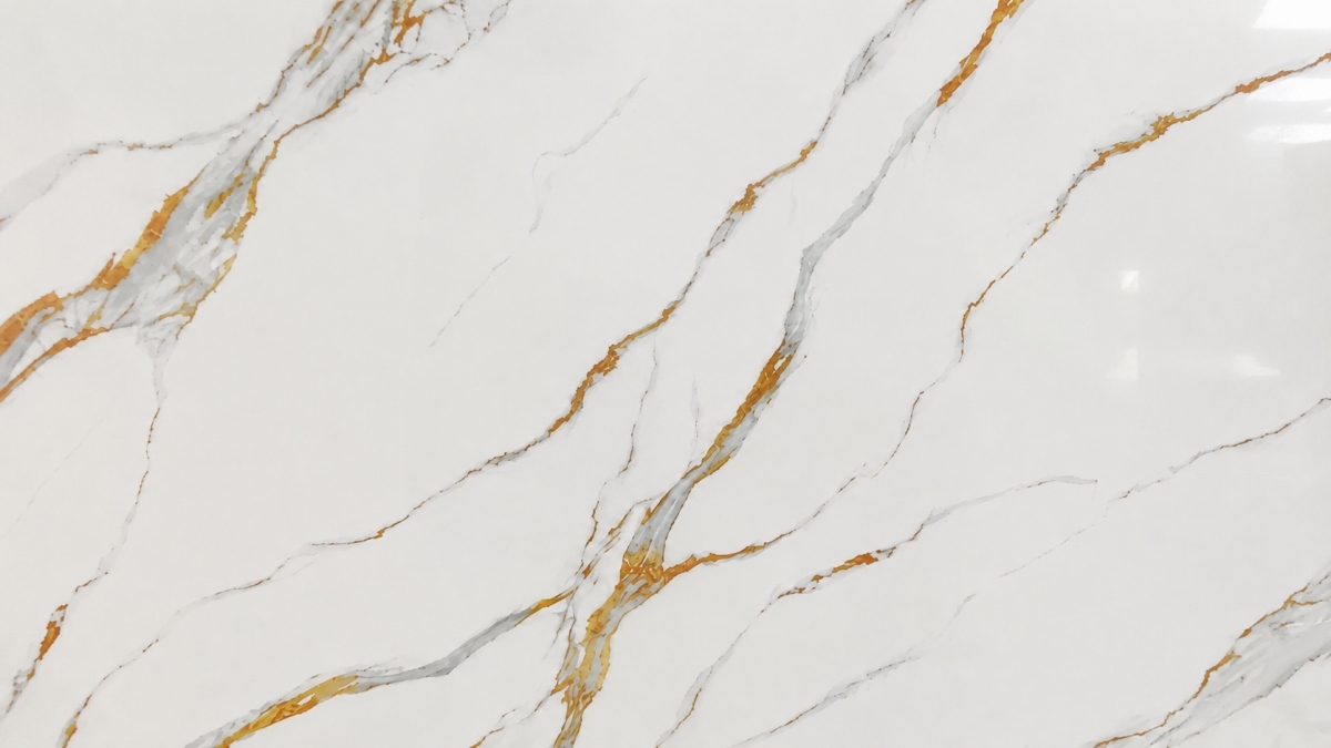 calacatta-gold-printed-marble-look-surface-close-up Close-up of Calacatta Gold printed marble look artificial stone surface