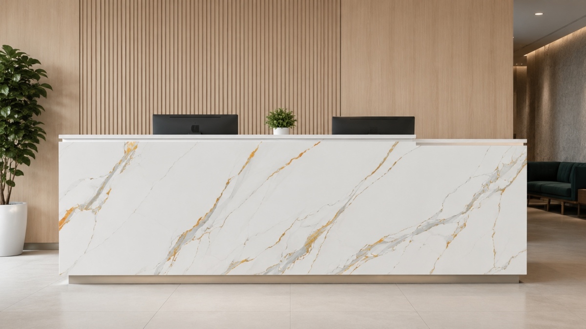 printed-marble-look-reception-counter-front-panel Printed marble look artificial stone reception counter front panel