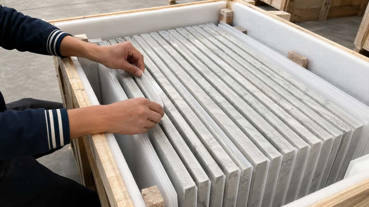 Stone packing photos before shipment with foam crates and protectors