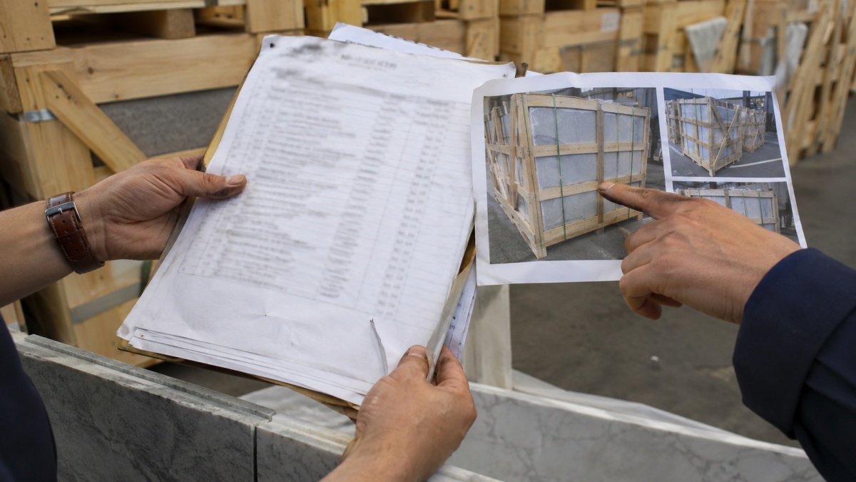 Stone packing list checked against crate photos before shipment