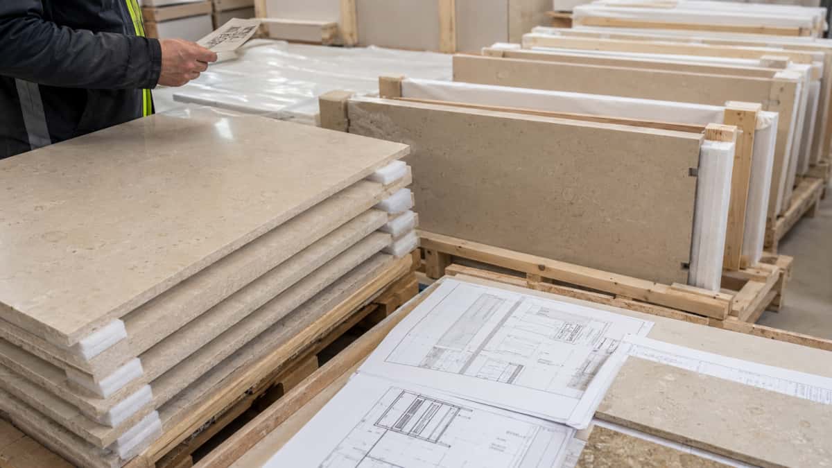 Limestone pieces stored in a dry protected area before installation