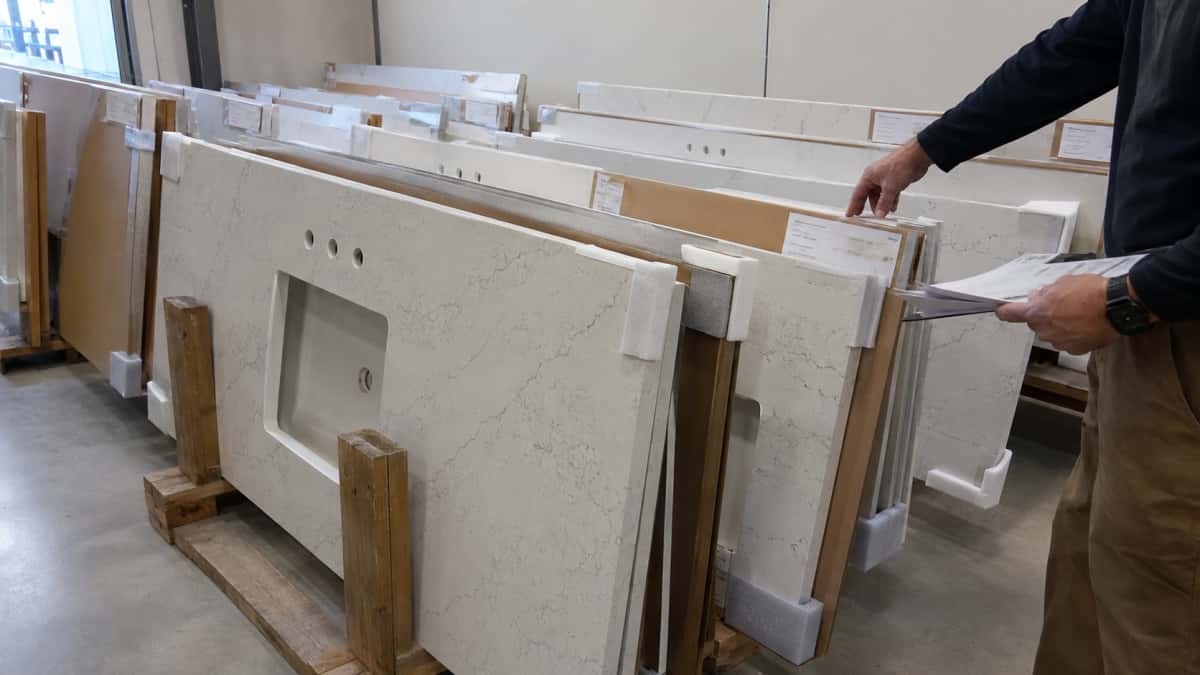 Quartz countertop stored with protected cutout before installation