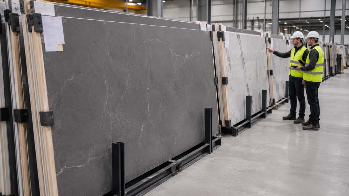 Sintered stone panels stored with stable support before installation