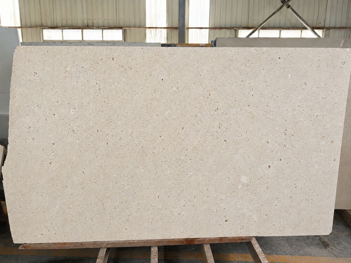 Cotswold Cream Limestone slab reviewed in factory before cut-to-size production
