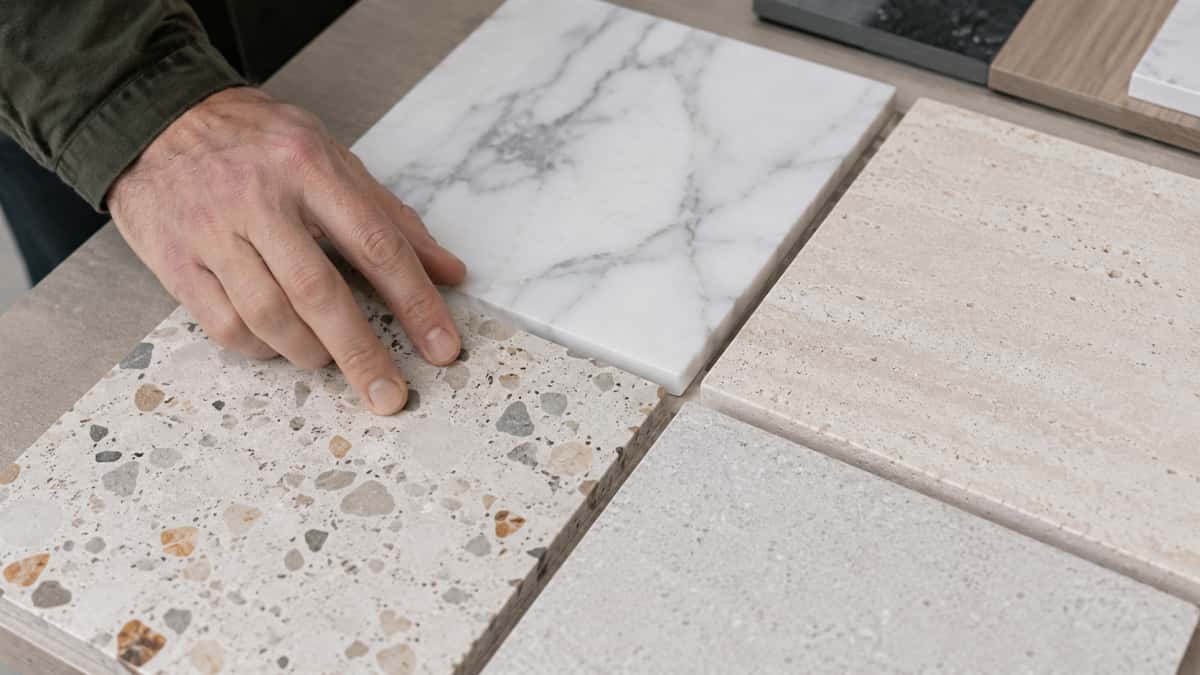 Stone sample board review showing color range surface finish and material texture