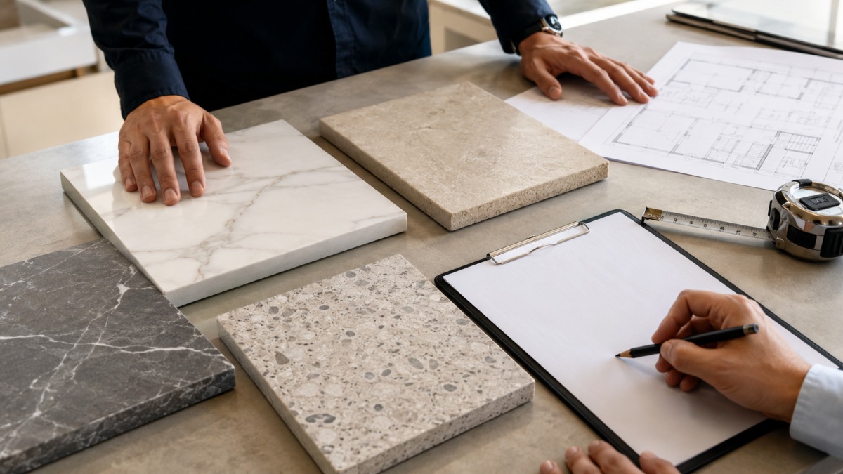 Mockup inspection checklist with stone samples drawings and measuring tools