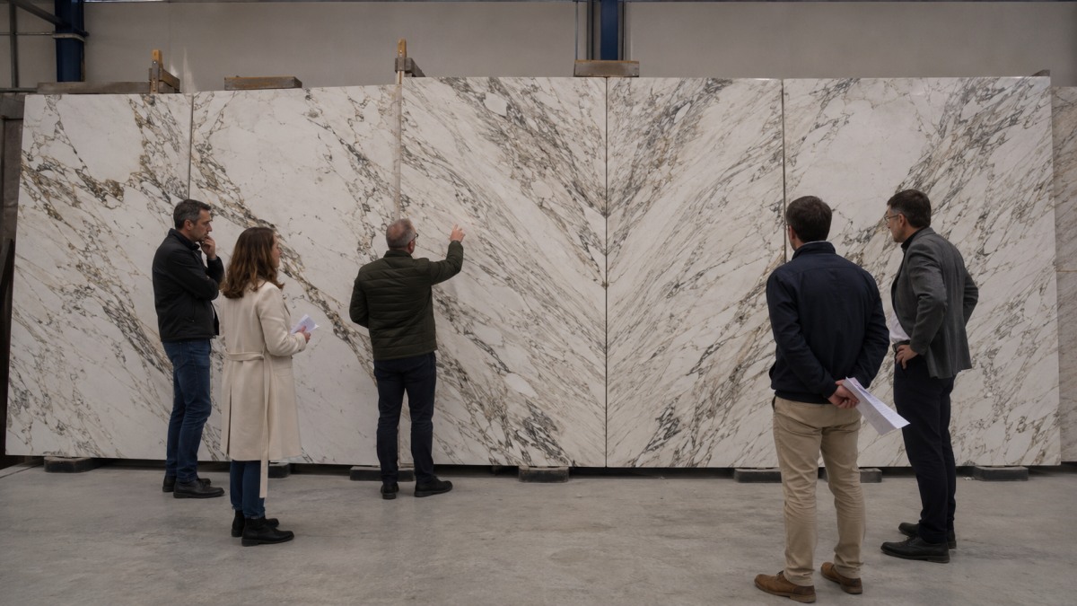 bookmatched marble wall layout review before production
