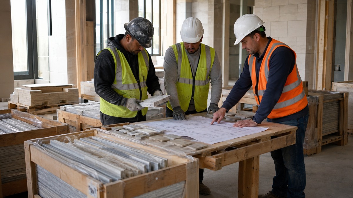 stone-site-coordination-before-installation Stone site coordination before installation with crates opened and piece numbers checked