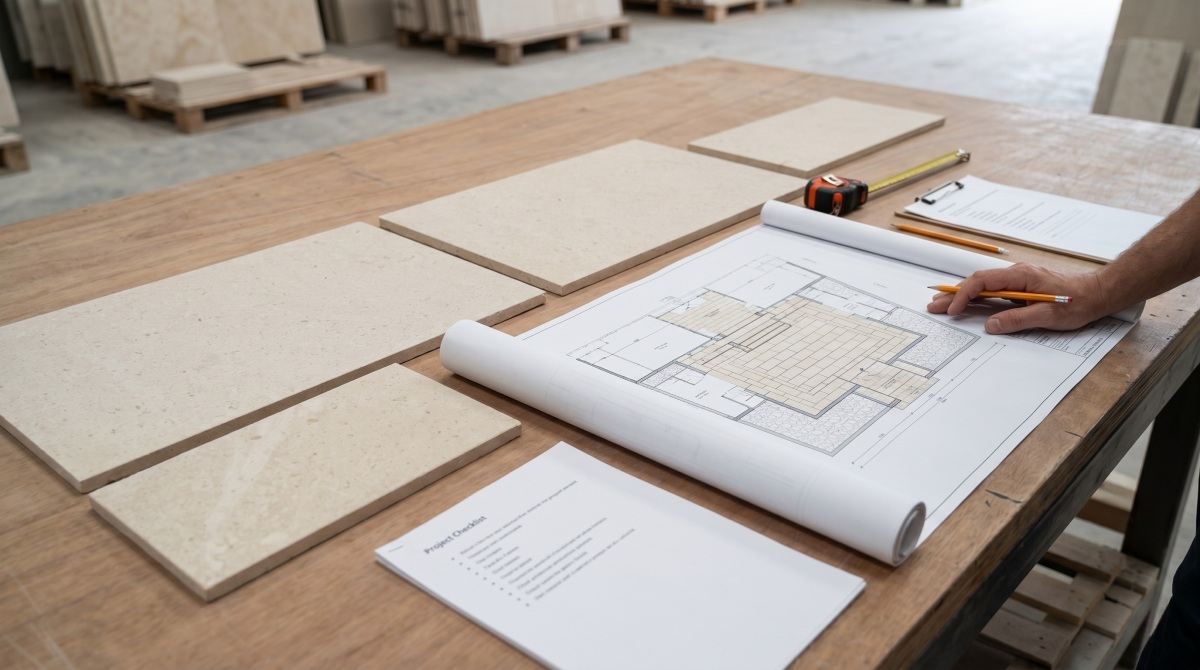 Beige limestone wall cladding panels with controlled joint alignment