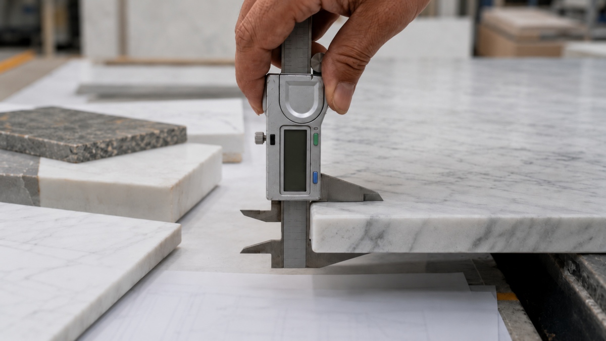 stone-fabrication-detail-check-before-substitution-approval Fabrication team checking stone thickness edge details and cut-to-size requirements