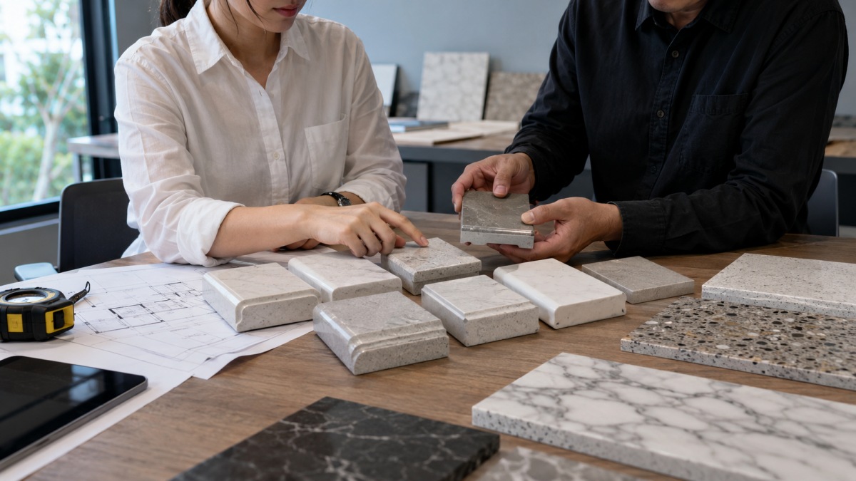 Project buyer and stone supplier reviewing edge profile samples before fabrication 