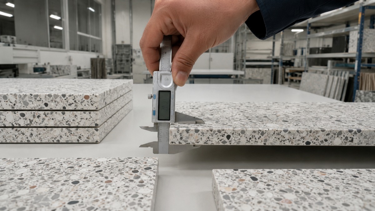 Terrazzo tile project QC measurement with size and thickness checking