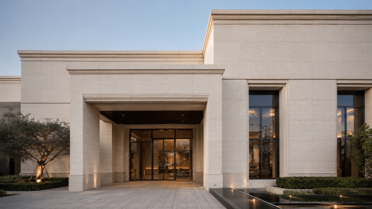 Cotswold Cream Limestone Exterior Wall Cladding Panels Cotswold Cream limestone villa facade cladding with warm cream beige tone, fine fossil texture, subtle natural pores, and matte architectural surface