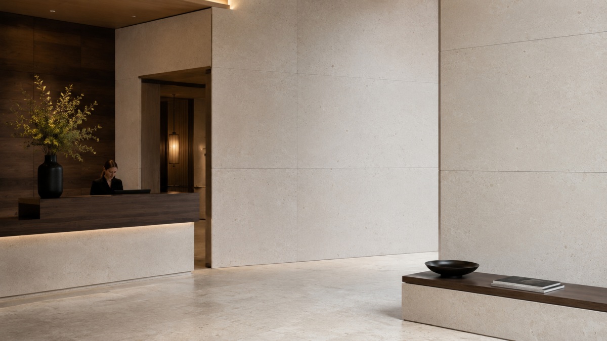 Cotswold Cream Limestone Commercial Lobby Interior Cotswold Cream limestone wall and floor application in a commercial lobby interior, showing warm cream beige color, fine fossil particles, subtle tonal variation, and matte natural texture
