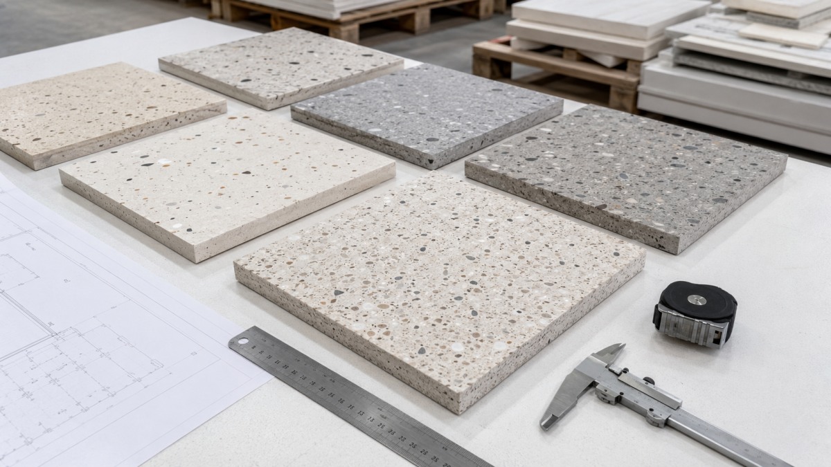 Terrazzo aggregate balance sample review before production approval