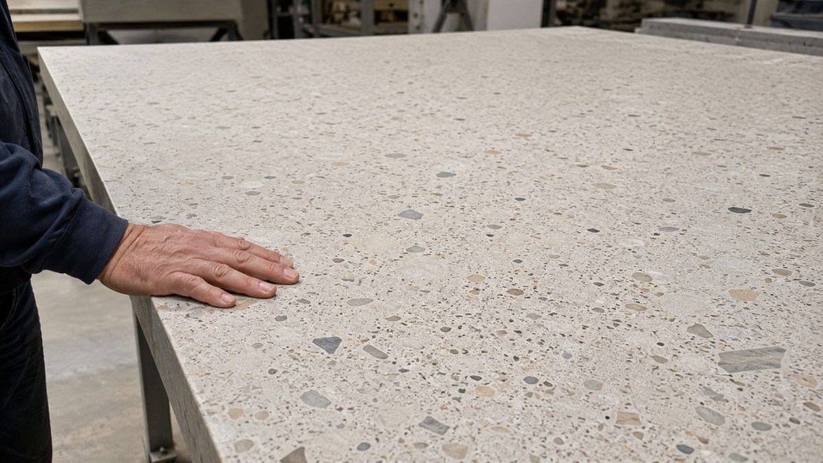 Terrazzo honed surface finish review under realistic factory lighting