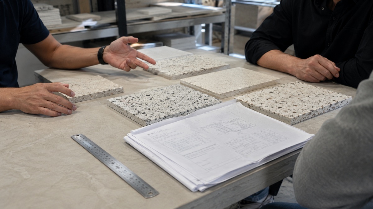 Terrazzo samples and quotation sheets reviewed by a project buyer before supplier selection 
