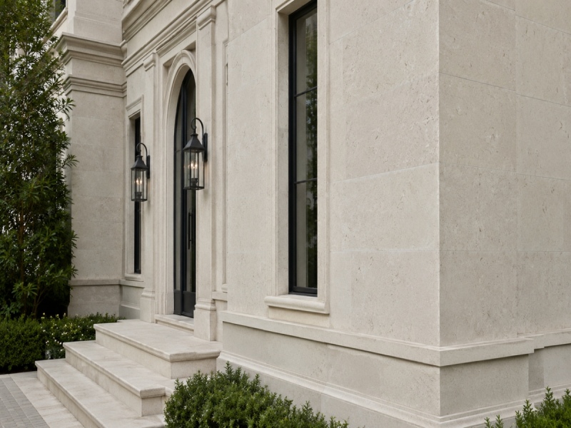 Proyecto de fachada de piedra caliza color beige claro y molduras personalizadas para Villa Architecture.