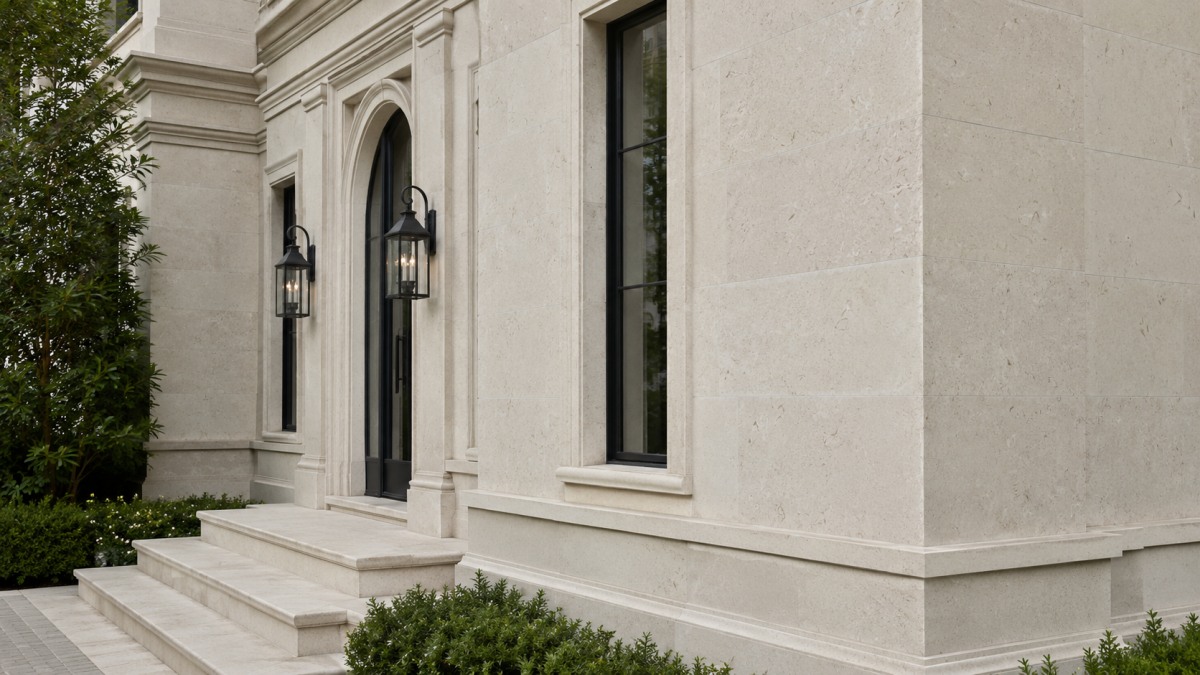 Moonlight Beige Limestone used for villa exterior wall cladding with window surrounds and entrance details