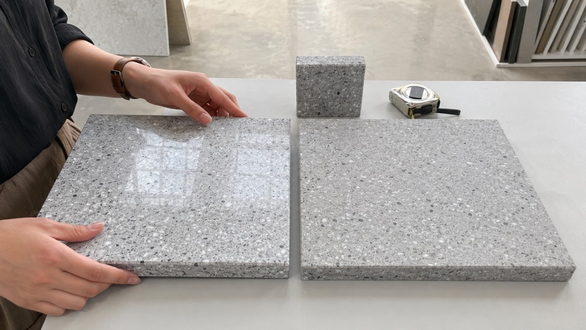 Buyer comparing polished and honed terrazzo slab finishes under natural light