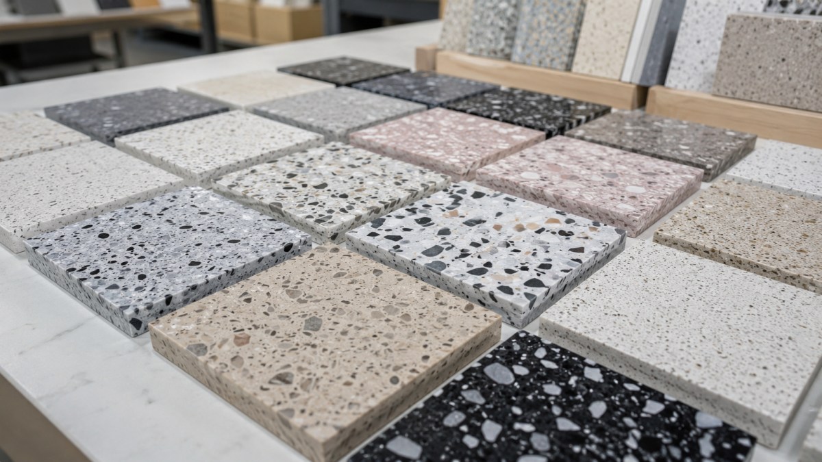 Close-up comparison of terrazzo samples with different chip sizes and matrix colors