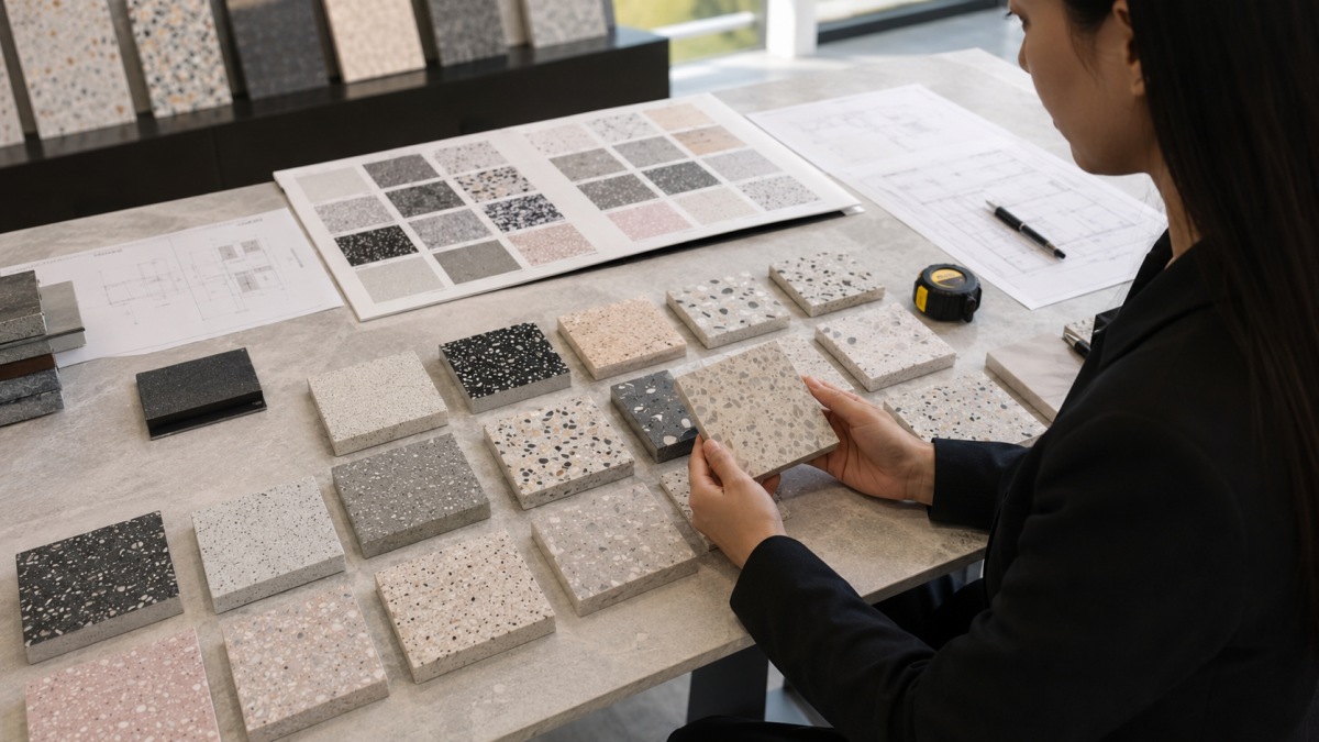 Terrazzo samples, approval notes, and project drawings reviewed before production