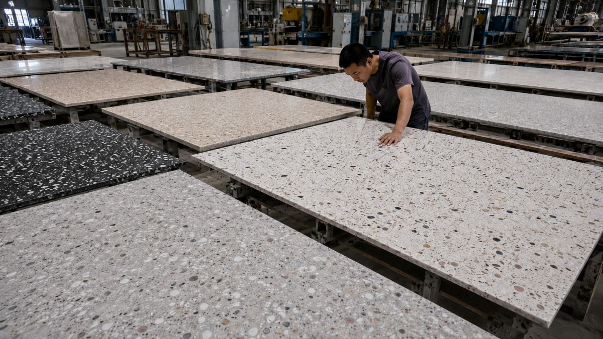 full-terrazzo-slab-color-variation-review Full terrazzo slabs arranged for buyer review to check color and chip distribution