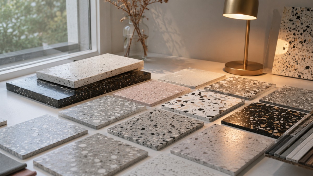 terrazzo-sample-lighting-and-finish-review Terrazzo samples reviewed under natural daylight and indoor lighting to compare color appearance