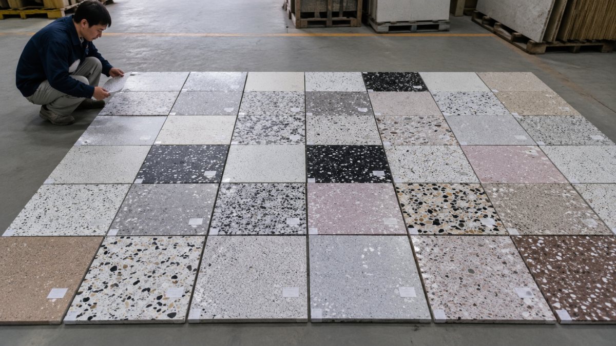 terrazzo-dry-lay-color-variation-review Terrazzo cut-to-size pieces arranged for dry lay review to check color variation before packing