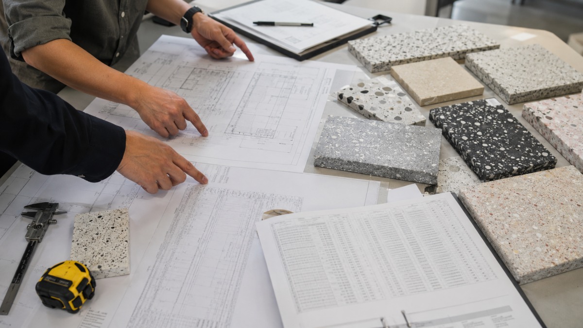 Terrazzo drawing and size list review before cut to size fabrication