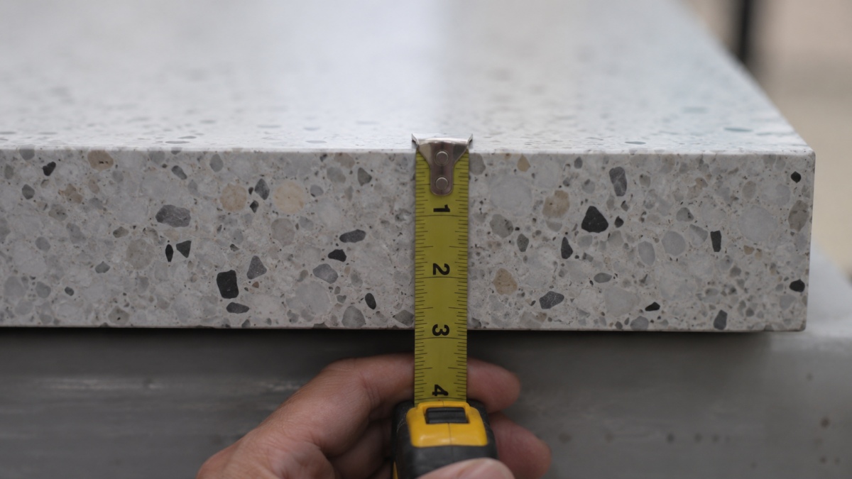 Terrazzo tile thickness being measured with caliper during inspection