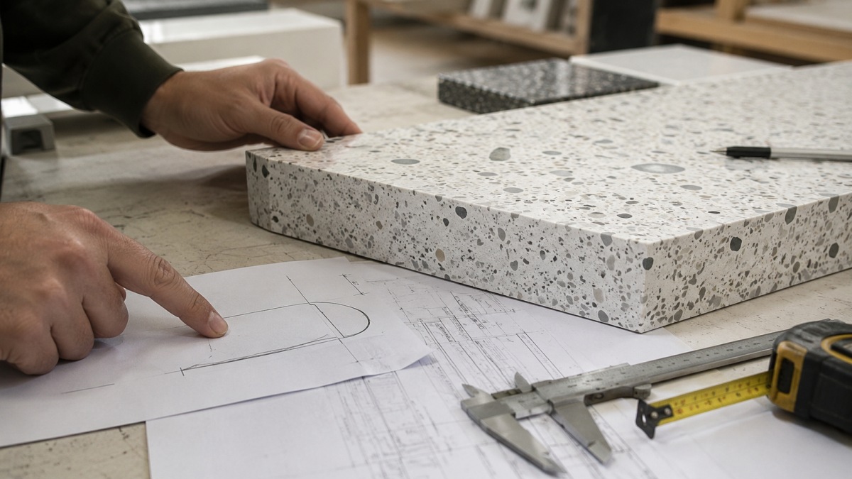 Terrazzo countertop edge profile and cutout review before fabrication
