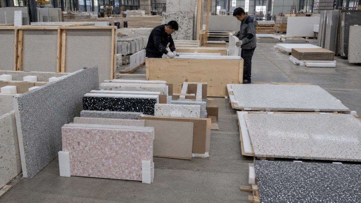 Terrazzo slabs packed with protective spacing for export shipment