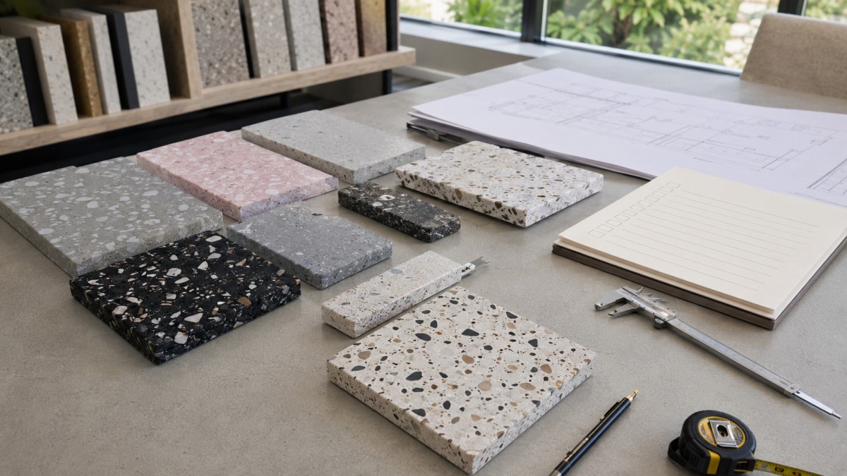 Project checklist table for terrazzo thickness, sizes, and drawings