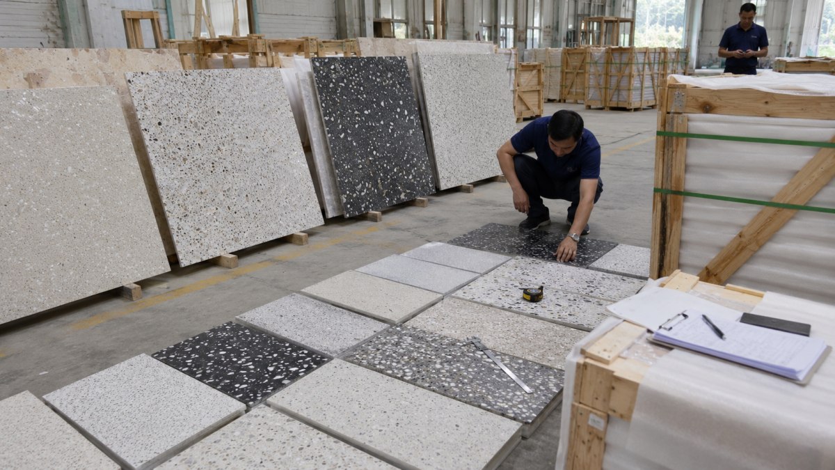 Terrazzo slabs and tiles reviewed before export packing in a factory setting